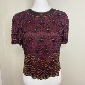 Adrianna Papell Boutique Evening VINTAGE Top 100% Silk Large Beaded Blouse